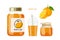 Orange compote or jam or marmalade in jars, takeaway cup with juice, fruit. Canned fruit. Fruit conservation vector