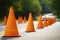 orange cones lined up on a fresh tar road