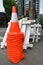 Orange cones and white barricades in Portland, OR