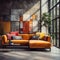 Orange corner velvet sofa with colorful cushions against of grid windows in concrete wall with grunge multicolor tile paneling