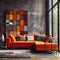 Orange corner velvet sofa with colorful cushions against of grid windows in concrete wall with grunge multicolor tile paneling