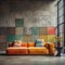 Orange corner velvet sofa with colorful cushions against of grid windows in concrete wall with grunge multicolor tile paneling