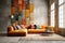 Orange corner velvet sofa with colorful cushions against of grid windows near concrete wall with grunge multicolored tiled mosaic