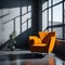 Orange Cozy Armchair in Industrial Style Interior room, Window with Sunligh, Minimalism Simple decor, Polished Concrete