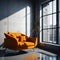 Orange Cozy Armchair in Industrial Style Interior room, Window with Sunligh, Minimalism Simple decor, Polished Concrete