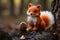 an orange crocheted fox sits next to a pine cone