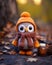 an orange crocheted owl sits next to a jar of honey