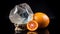 an orange and a crystal on a black surface with a reflection on the surface of the image and a piece of fruit on the table