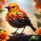 Orange crystal little bird, detailed body. Red and yellow jamaica flower background