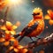 Orange crystal little bird, detailed body. Red and yellow jamaica flower background