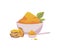 Orange curry powder in white bowl, sliced turmeric root, green leaf and spoon with curcuma spice vector package design