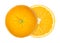 Orange cut in half, both halves laterally offset, from above, over white