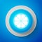 Orange in a cut. White Citrus fruit icon isolated on blue background. Healthy lifestyle. Circle blue button with white