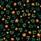 Orange daisy green leaves twigs ditsy on black vector daisy night garden seamless pattern