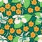 Orange and dark green hibiscus surface pattern design for garment
