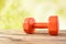 Orange dumbbell on wooden and blur background.