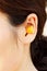 Orange ear plugs in a woman`s ear
