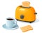 Orange electric toaster with a slice of toasted bread, standing next to a coffee cup
