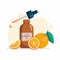 Orange essential oil in glass bottle and fresh oranges