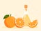 Orange essential oil in glass bottle and fresh oranges on pastel yellow background