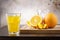 Orange fizzy lemonade in glass on background fresh orange fruit