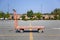 Orange flat bed cart