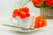 Orange flowers nasturtium with cup of coffee