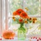 Orange flowers with pumpkin on windowsill