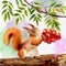 An orange fluffy squirrel sits on a tree and holds rowan berries. Watercolor illustration. White background with watercolor stains