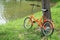 Orange folding bicycles in park