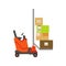Orange Forklift Warehouse Car Lifting The Paper Box Packages, Storeroom Machinery Without Driver