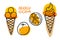 Orange freshness Set. Ice cream types,orange fruit, slice fruit Hand drawn sketch. Delicious summer desserts. Bright