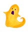 An orange, frightened ghost flies, with purple eyes and a mouth.