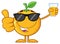 Orange Fruit Cartoon Mascot Character With Sunglasses Holding Up A Glass Of Juice And Giving A Thumb Up