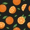 Orange fruit seamless pattern. Fresh citrus with leaf background. Vector.