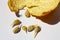 Orange fruit seeds and Orange peel on white table background, Close up shot, Selective focus, Healthy food concept