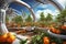 Orange and fruits production in modern design glass farm on the moon or desert