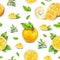 Orange fruits ripe with green leaves. Watercolor drawing. Handwork. Tropical fruit. Healthy food. Seamless pattern for design