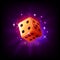 Orange game dice in flight with sparkles slot icon for online casino or mobile game, vector illustration on dark purple