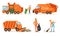 Orange garbage truck and a garbage collector remove garbage. Set of vector illustrations.