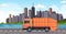 Orange garbage truck urban sanitary vehicle moving city highway waste recycling concept modern cityscape background flat