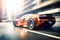 An orange generic and unbranded sport car running in a modern city, ai generative illustration