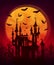 Orange giant moon with scary castle and bats silhouettes on dark red background. Vector halloween poster backdrop