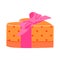 Orange Gift Box tied pink ribbon bow from string fabric silk beige. Happy Valentine gift Boxes. Vector flat style. Festive Objects
