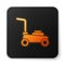 Orange glowing neon Lawn mower icon isolated on white background. Lawn mower cutting grass. Black square button. Vector