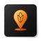 Orange glowing neon Location corn icon isolated on white background. Black square button. Vector