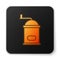 Orange glowing neon Manual coffee grinder icon isolated on white background. Black square button. Vector Illustration