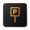 Orange glowing neon Parking icon isolated on white background. Street road sign. Black square button. Vector