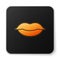 Orange glowing neon Smiling lips icon isolated on white background. Smile symbol. Black square button. Vector