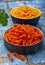 Orange gluten free diet pasta made from lentils  legumes on blue wooden table